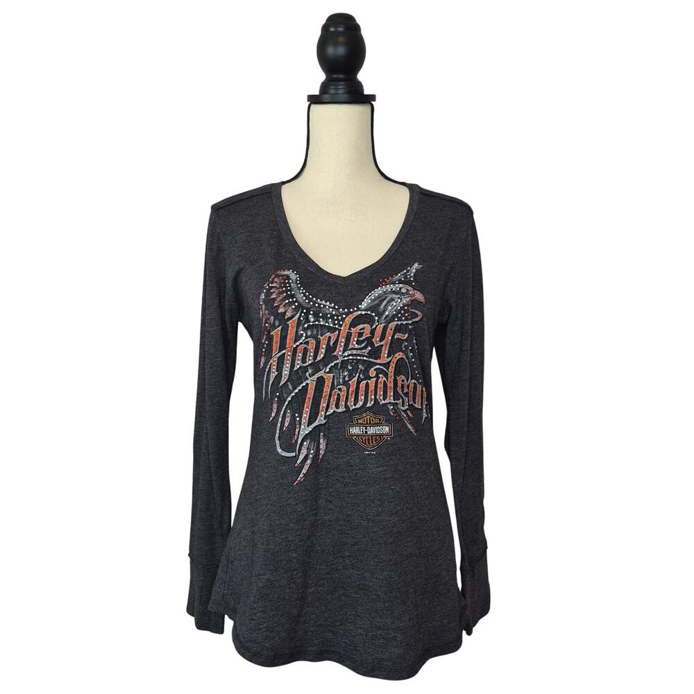 Harley-Davidson Women Rhinestone Eagle Long Sleeve V-Neck Ocala FL Graphic Top M